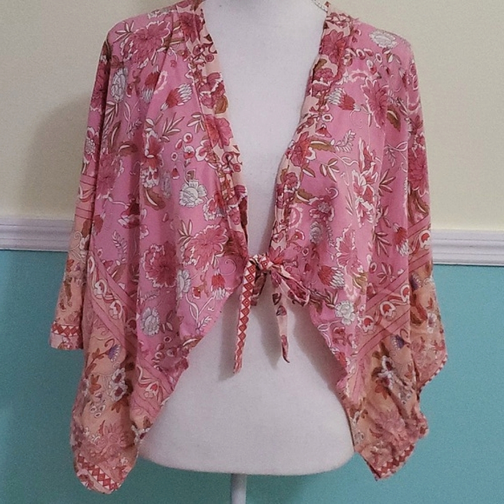 KBeach Pink Floral Boho Tied Front Cropped Kimono Top OS